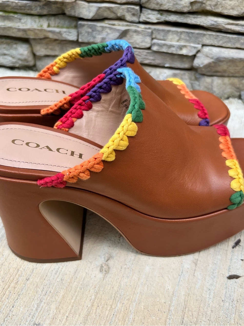Coach Brown Rainbow Crochet Leather Platform Mules Shoes sz 9